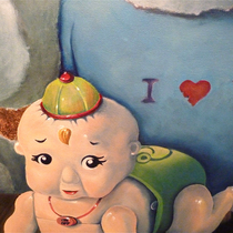 Detail „Gerettetes Plüschtier mit chinesischem Robot Baby“ Dean Hills 2011, Öl und Schlagmetall auf Leinwand