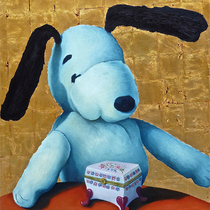 „Plüschtier Snoopy mit Schmuckkästchen aus Benidorm“ Dean Hills 2011, Öl und Schlagmetall auf Leinwand,