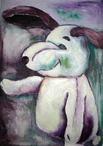 „Portrait einer weißen Hasenhandpuppe“ Dean Hills 2008, Öl auf Leinwand, 144 x 197 cm