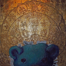 „Ted mit Schwarzwälder Schäppel“ Dean Hills 2012, Öl, Schlagmetall auf Leinwand, 180 x 180 cm
